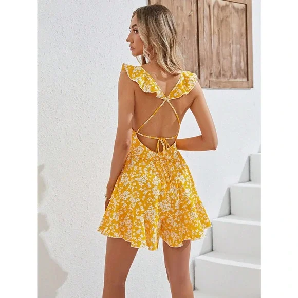 Boho Allover Floral Print Ruffle Trim Romper - Picture 5 of 12